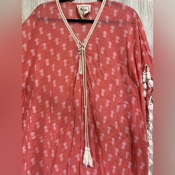 Z&L Salmon Pink Novelty Pineapple Print Tasseled Swimsuit Beach Coverup S M - Picture 4 of 9